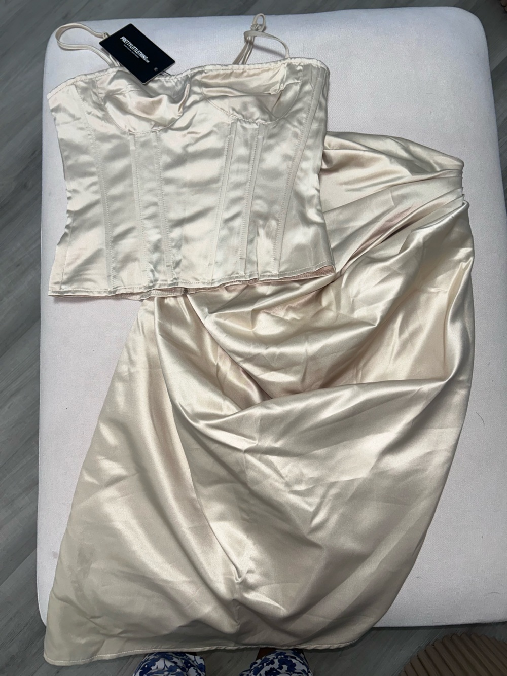 PrettyLittleThing Champagne Satin Corset Top and matching skirt set